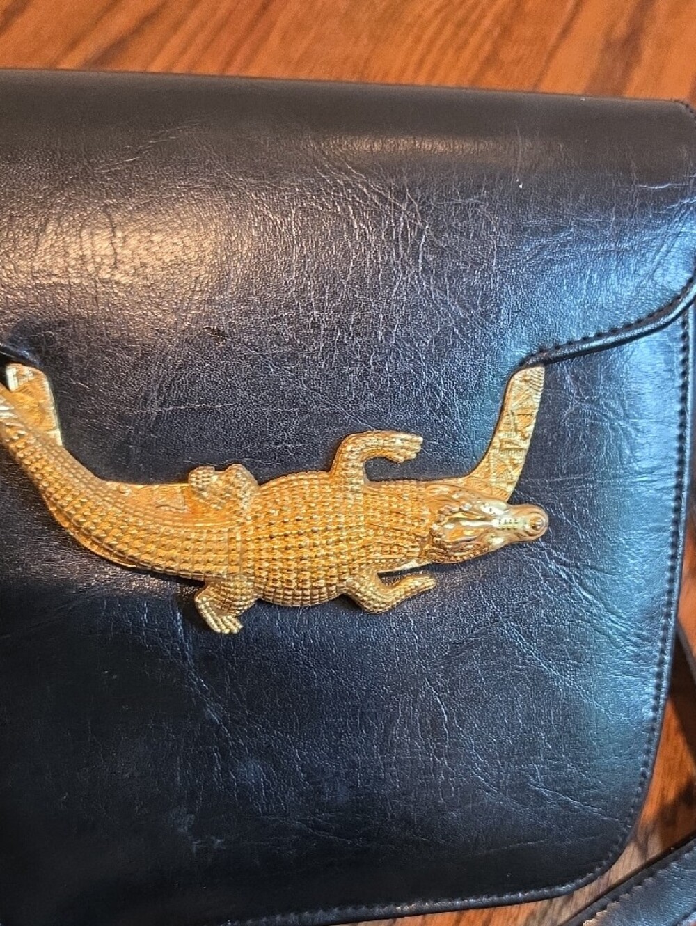 Black Crossbody Bag with Gold Crocodile Accent - Picture 7 of 8